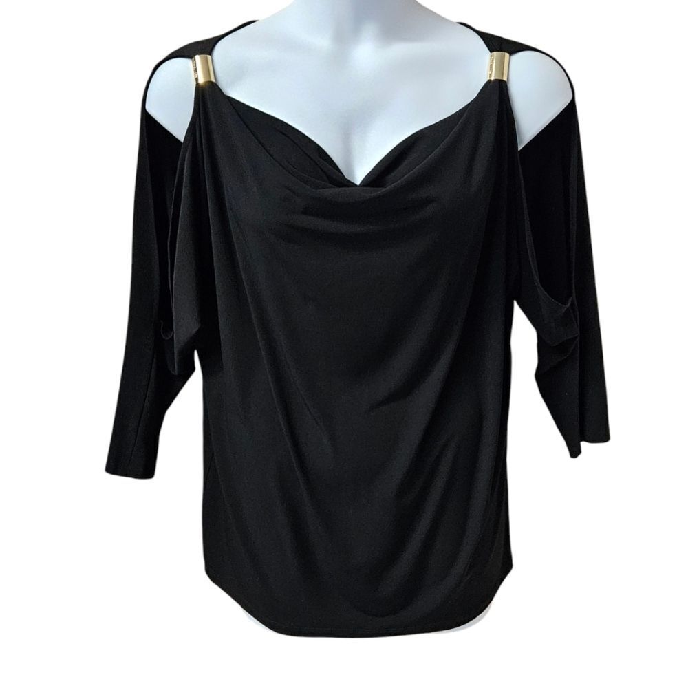 Michael Michael Kors XL Black Cold Shoulder Top Gold Baguette Clasp V-Neck NWT